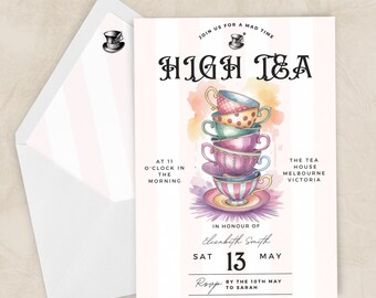 Mad Hatter High Tea Birthday Invitation, Whimsical Tea Cups Magical Watercolour Editable Digital Download Template, Tea Party Invite