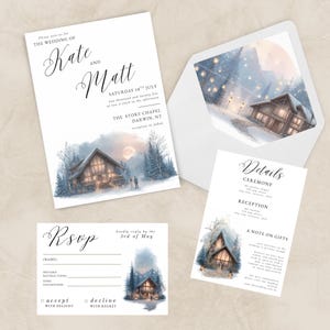 Könnte beinhalten: Hochzeitseinladungsset mit einer Aquarellillustration einer Kapelle in einer verschneiten Landschaft. Die Einladung enthält Details für die Hochzeit von Kate und Matt, eine RSVP-Karte und einen Umschlag mit passendem Design.