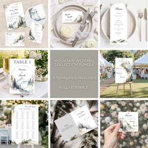 Mountain Wedding Collection Mega Bundle, 11 Editable Templates, Winter Forest Design, Rustic Boho Adventure Wedding Invitation Suite