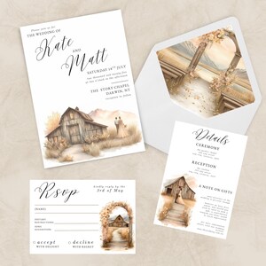 May include: Wedding invitation suite featuring watercolor illustrations of a barn and a couple. The suite includes an invitation, RSVP card, details card, and an envelope with a matching interior design. The text includes the names "Kate and Matt".