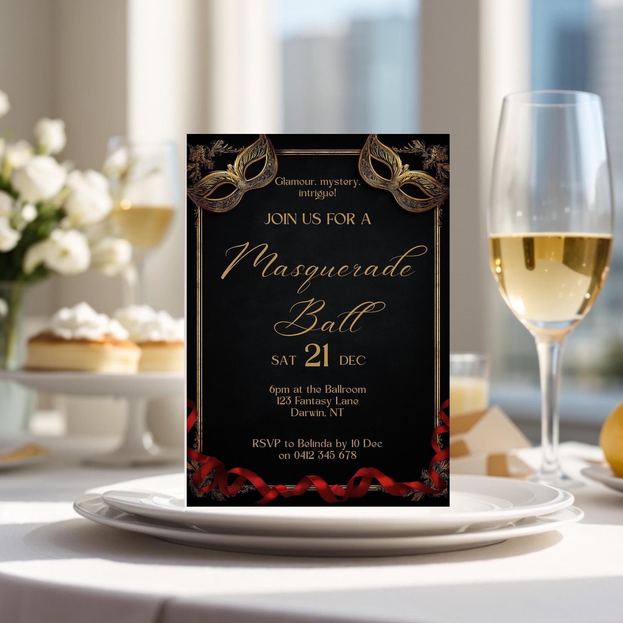 Ball Invite Elegant Masquerade Party Invitation Template | Black Gold Mask Ball ...
