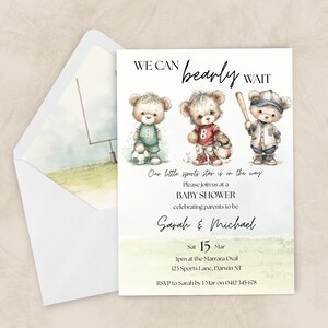 May include: Baby shower invitation featuring teddy bears in sports attire. The text reads "We can bearly wait" and includes the date, time, and location for Sarah & Michael's baby shower.