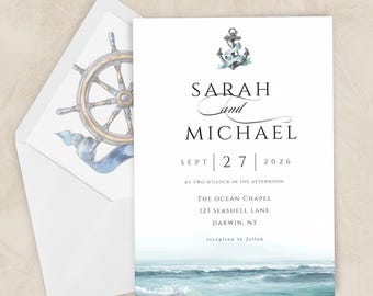 Nautical Wedding Invitation Template: Watercolor Coastal Ocean with Anchor (Printable, Editable Invite with Envelope Liner)