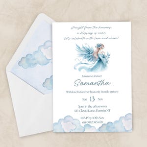 May include: A baby shower invitation featuring a watercolor illustration of an angel with blue wings and flowing hair. The invitation includes the name "Samantha", date, time, and location, with a cloud design.