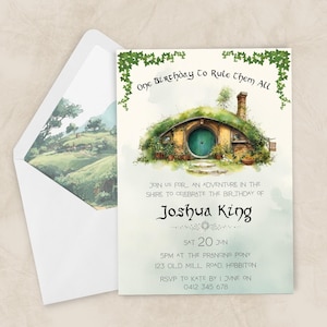 May include: A whimsical birthday invitation featuring a watercolor illustration of a hobbit hole with a green door. The text reads "One Birthday to Rule Them All" and invites guests to celebrate Joshua King's birthday.