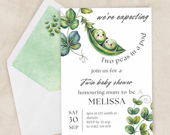 Two Peas In A Pod Baby Shower Invitation | Twins Baby Shower Invite | Green Sweet Pea Party | Instant Download | Printable Template
