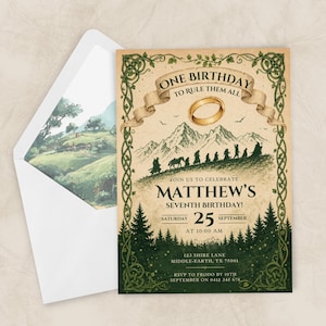 May include: A themed birthday invitation with a fantasy design. The invitation features the text "One Birthday to Rule Them All" and "Matthew's Seventh Birthday!" The design includes a gold ring, mountains, and silhouettes of figures. The envelope has a landscape illustration.