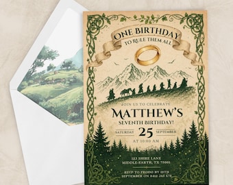 Modèle d'invitation d'anniversaire aventure Terre du Milieu, téléchargement numérique modifiable, fête fantastique hobbit, un anniversaire pour les gouverner tous