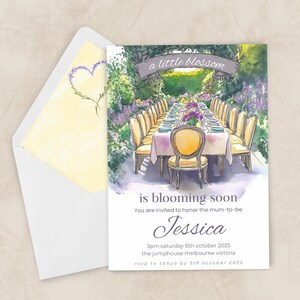 May include: A watercolour illustration of a garden party invitation with a table set for a dinner party. The invitation reads "a little blossom is blooming soon" and includes the name "Jessica" and details for a baby shower.