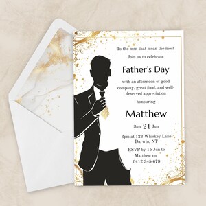 Plantilla de invitación para el Día del Padre en negro y dorado, invitación formal editable para la celebración del Día del Padre, descarga imprimible para eventos de etiqueta.