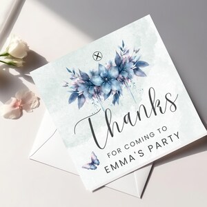Modèle de carte de remerciement floral fard à joues, aquarelle bohème design élégant, téléchargement numérique modifiable, bouquets de papillons, célébration de l'événement