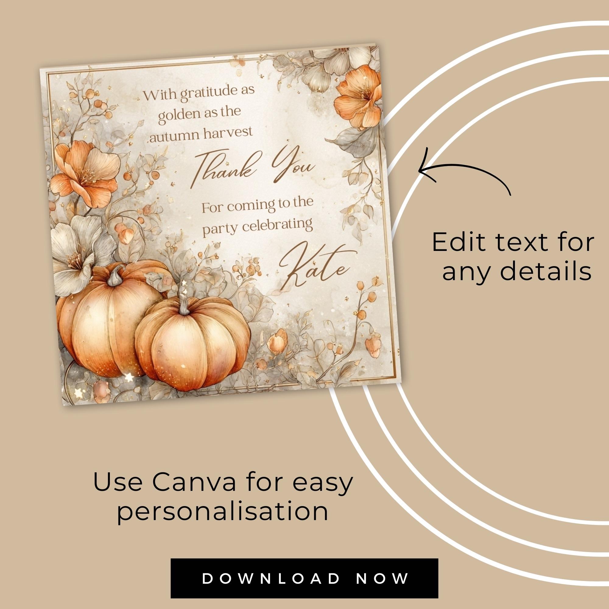 Fall Pumpkins Thank You Card Template, Editable Printable Autumn Party ...