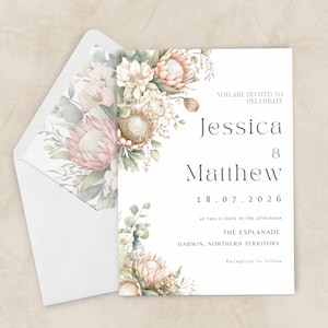 May include: Wedding invitation with a floral watercolour design. The invitation features the names "Jessica & Matthew" and the date "18.07.2026". The envelope is white with a floral pattern on the inside. The invitation includes the text "YOU ARE INVITED TO CELEBRATE".