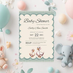 Little Goose Green Gingham Gender Neutral Baby Shower Invitation Template, Customisable, Editable, Digital Download, Gosling, Silly Goose