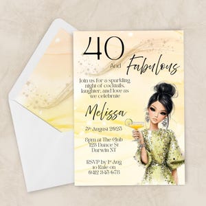 Inbjudan till 40-årsfest med fantastiska mönster, elegant guldfärgad cocktail, kvinna med 40-årsfest med gult glitter, redigerbar utskrivbar mall
