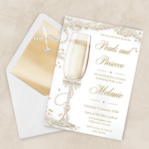 May include: A wedding brunch invitation featuring a champagne glass design, pearls, and the words "Pearls and Prosecco". The invitation is for Melanie, with the date and venue details. An envelope with a champagne glass illustration is also included.