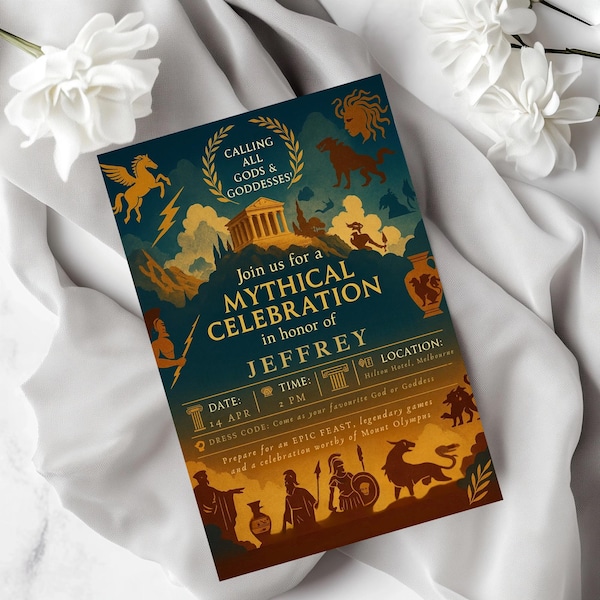 Greek Mythology Birthday Invitation Template, Party Design, Editable Digital Download, Ancient Greece, Zeus, Gods and Goddess, Mount Olympus