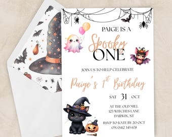 Spooky One Birthday Invitation: Halloween First Birthday, Ghost, Cat, Bat, Pumpkin (Digital Download 5x7”)