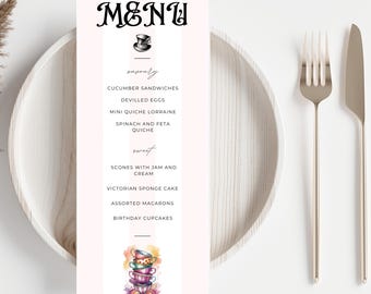 Menusjabloon Mad Hatter Event, grillige High Tea Party, bewerkbare digitale download, Alice in Wonderland, afdrukbaar decor gestapelde theekopjes
