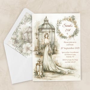 May include: A watercolour invitation card featuring a woman in a long dress, standing before a greenhouse. The card reads "Sarah's 21st" and includes event details. An envelope with a floral design is also shown.