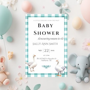 Little Goose Green Gingham Gender Neutral Baby Shower Invitation Template, Customisable, Editable, Digital Download, Gosling, Silly Goose