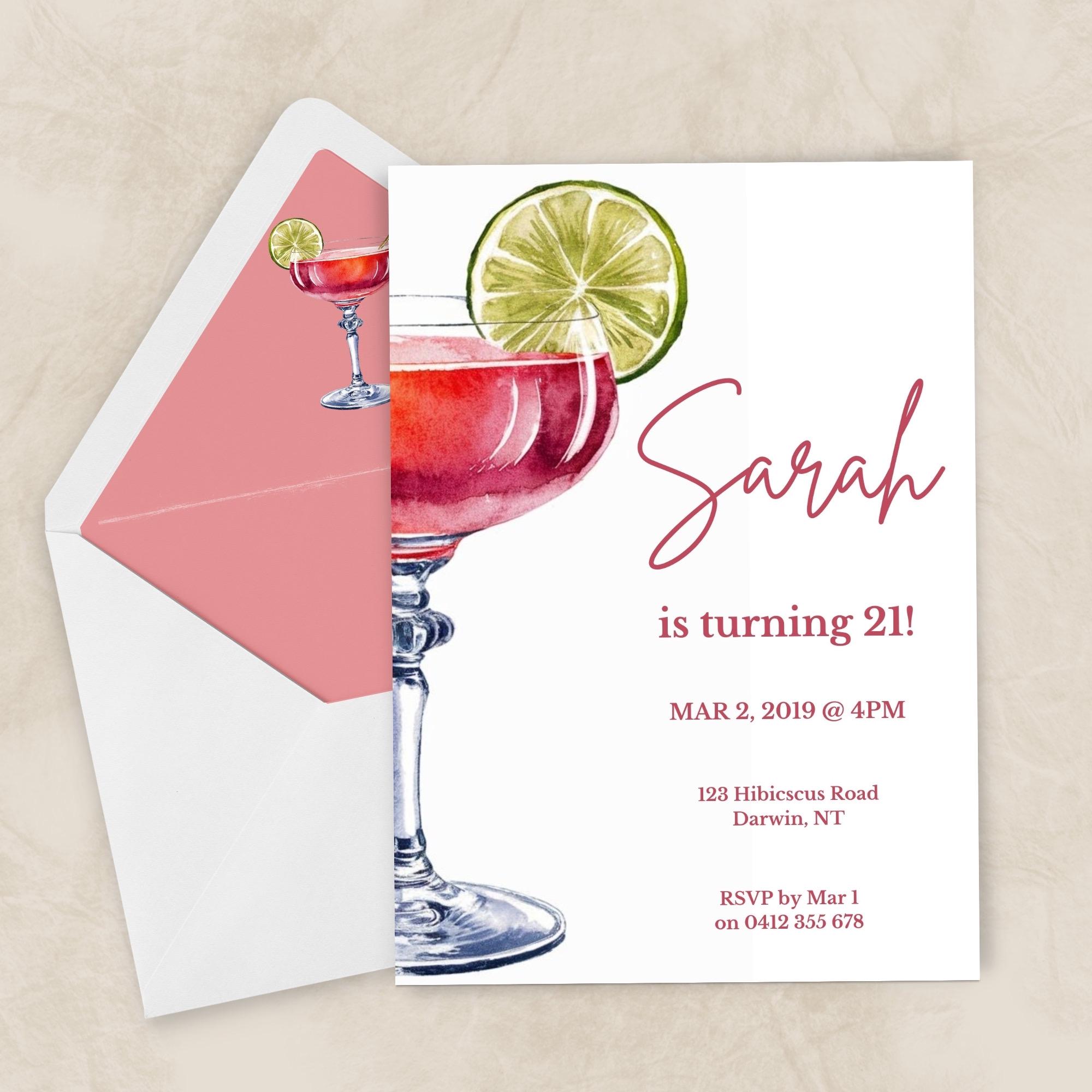 Classic Cocktail Birthday Invitation | Editable 21st Birthday Invite for Her | Digital Download | Pink Margarita Party Template | Instant Do