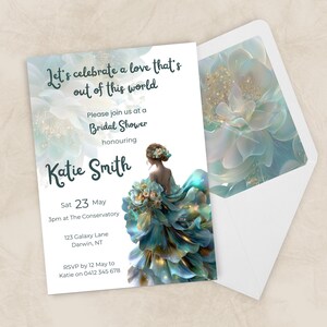 Plantilla de invitación para despedida de soltera con motivos florales celestiales, invitación editable en color turquesa y dorado para la novia, elegante invitación imprimible para despedida de soltera.