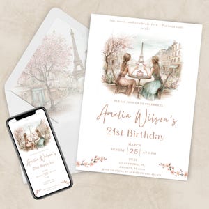 Może przedstawiać: Zaproszenie urodzinowe w paryskim stylu. Zaproszenie zawiera ilustrację dwóch osób w kawiarni z wieżą Eiffla w tle. Tekst brzmi "21st Birthday Amelii Wilson". Widoczna jest również koperta i telefon z tym samym projektem.