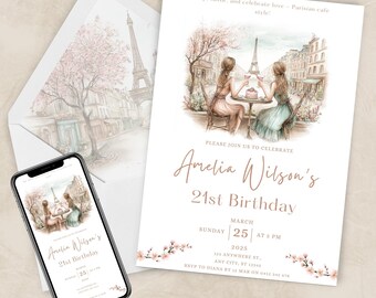 Modello di invito per compleanno a Parigi, invito per caffè parigino rosa, festa del 21° anniversario, Torre Eiffel, download digitale istantaneo, stampabile