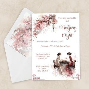 May include: A watercolor invitation for a Mahjong Night event. The design features a cherry blossom branch, a lantern, and two women playing mahjong. The text includes event details and RSVP information.