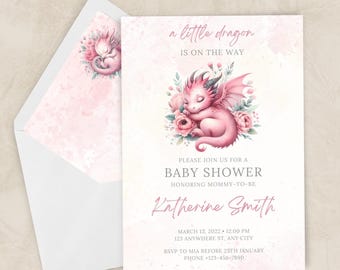 Pink Sleeping Dragon Baby Shower Invitation | Magical Whimsical Invite | Baby Girl Party | Instant Download | Editable Printable Template