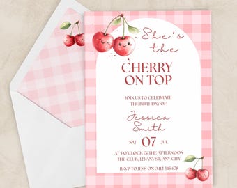 She’s the Cherry on Top Birthday Invitation, Pink Gingham Party Invite, Minimalist Template, Editable Digital Download