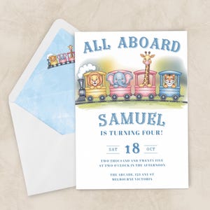 Szablon zaproszenia na 4 urodziny Carnival Animal Train, projekt akwareli z kreskówek, edytowalny cyfrowy do pobrania, urocze zwierzęta cyrkowe na pokładzie