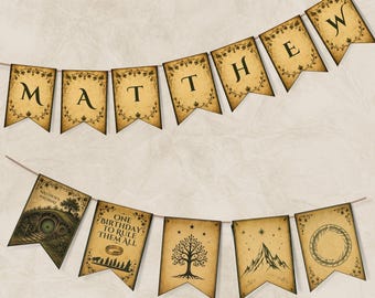 Modèle de guirlande d'anniversaire Terre du Milieu, guirlande de fête modifiable « Un anniversaire pour les gouverner tous », téléchargement numérique, bannière fantastique