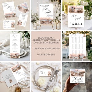 May include: A collection of blush beach destination wedding stationery templates. Includes invitations, RSVP cards, welcome sign, table cards, menu, seating chart, and thank you cards. The templates are fully editable.