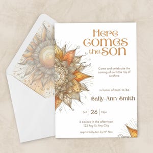 Inbjudan till babyshower med "Här kommer sonen": Akvarell sol, mall för digital nedladdning (12,5 x 18 cm)
