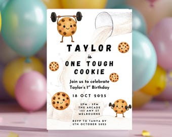 ワン・タフ・クッキーの誕生日招待状テンプレート、パーティー招待状、編集可能なデジタルダウンロード、気まぐれな楽しみ、男の子と女の子の1歳