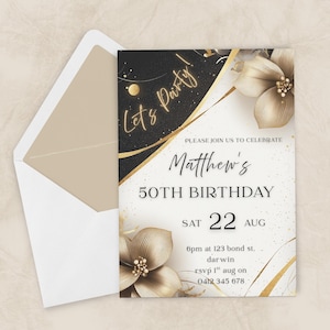 Faire-part d'anniversaire noir et or, invitation d'étape importante, modèle minimaliste, téléchargement modifiable, fleurs métalliques scintillantes 50e