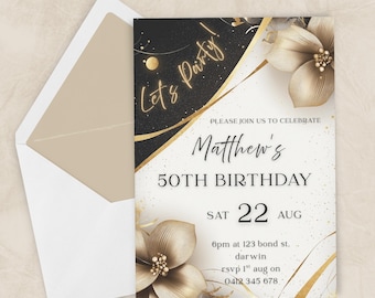 May include: A birthday invitation with a gold and black design. The invitation reads "Let's Party!" and "Matthew's 50th Birthday". The invitation includes the date, time, and location. An envelope is included.