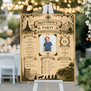 May include: A wooden birthday party sign with the text "MATTHEW'S PARTY" and "ONE BIRTHDAY TO RULE THEM ALL". The sign includes a photo, facts, and favorite things. The sign is propped up on a white easel.
