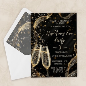 May include: New Year's Eve party invitation with a black background, gold accents, and two champagne flutes. The invitation includes the text "Toast to Midnight in Style" and event details.