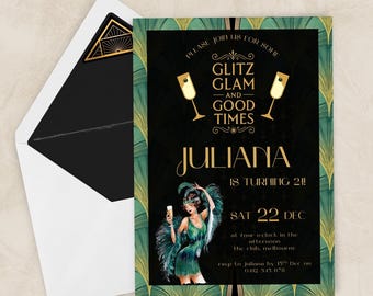 Green Art Deco 1920s Birthday Invitation | Roaring 20s Gatsby Party Invite | Glitz & Glam 21st Birthday Printable Editable Digital Download