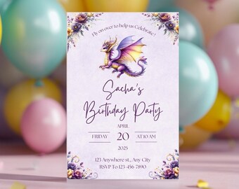 May include: A lavender birthday party invitation with a watercolor dragon illustration. The invitation includes the text "Fly on over to help us Celebrate!" and "Sacha's Birthday Party" with the date, time, and RSVP information.