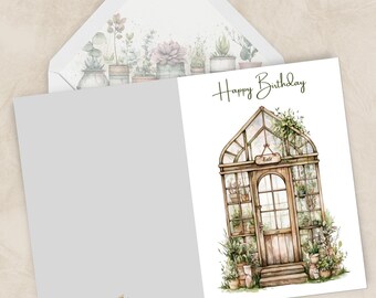 温室をテーマにした誕生日カード（印刷可能）｜編集可能な植物モチーフのグリーティングカード｜コテージコア風温室植物愛好家向け誕生日カード