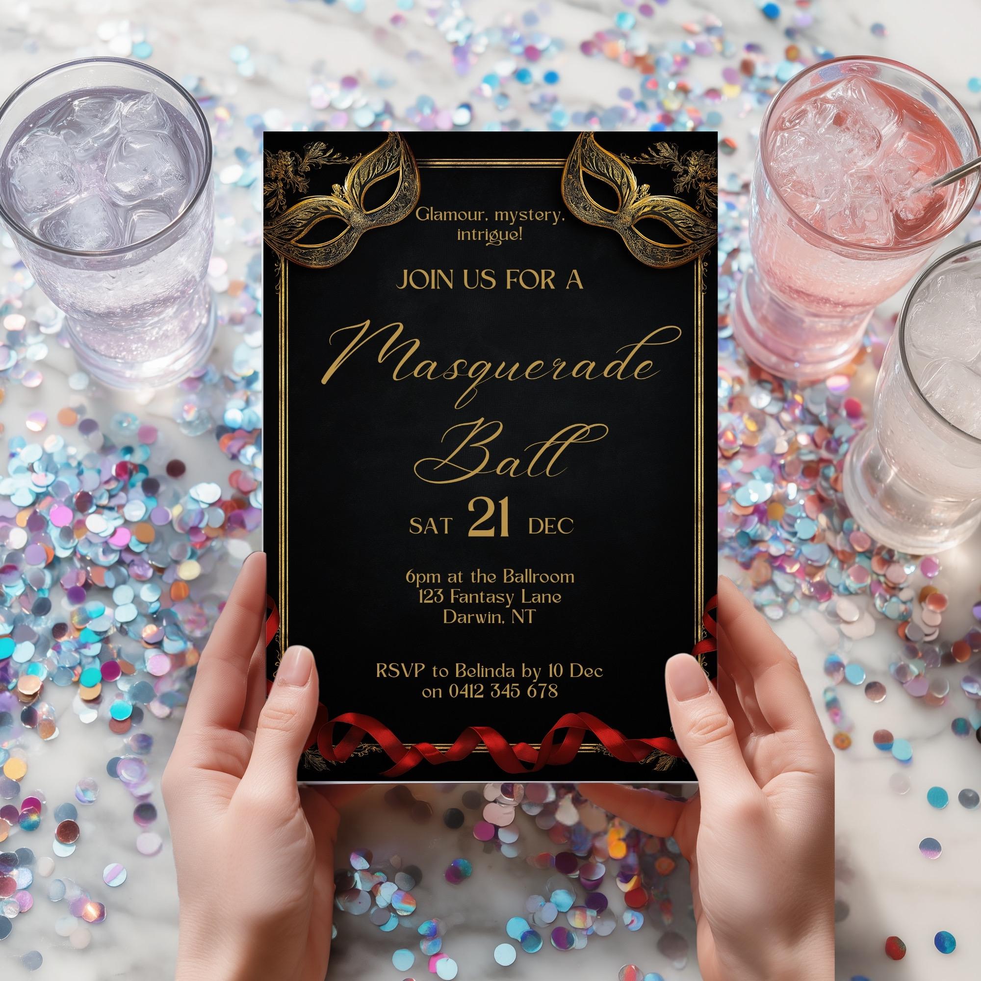 Ball Invite Elegant Masquerade Party Invitation Template | Black Gold Mask Ball ...