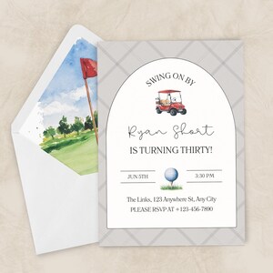 Może przedstawiać: Zaproszenie w szaro-białą kratę z grafiką wózka golfowego i piłki golfowej. Tekst brzmi "Swing on by Ryan Short is turning thirty! Jun 5th 3:30 PM The Links, 123 Anywhere St, Any City Please RSVP at +123-456-7890"