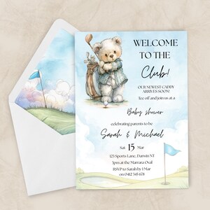 May include: A baby shower invitation with a watercolour illustration of a teddy bear in a golf outfit, holding a golf club. The invitation text reads "Welcome to the Club!" and includes event details.