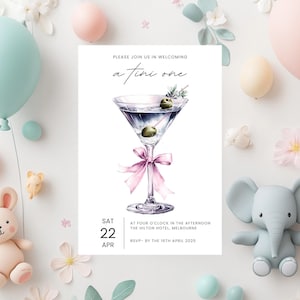 Martini Baby Shower Invitation Template, Customisable, Editable, Digital Download, A Tini One, Baby Girl Reveal, Pink Bow