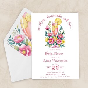 May include: Baby shower invitation with a watercolour design. The invitation features a pink cocktail with a lemon slice, surrounded by pink and yellow flowers. The text reads "sunshine, lemonade and fun..." and event details.