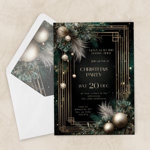 May include: A Christmas party invitation with a black background and gold art deco style frame. The invitation includes text that reads "Glitz, Glam and Festive Times" and "Christmas Party". The envelope has gold ornaments.